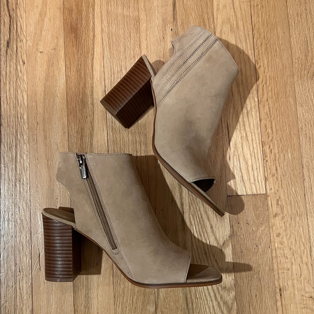 Vince Camuto Tan Suede Peep-Toe Ankle Boots